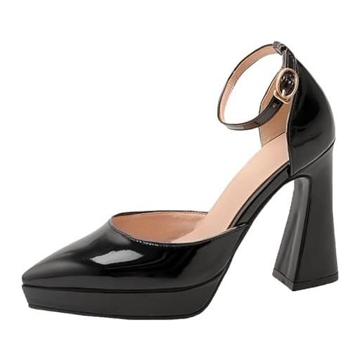 Lizoleor mary jane donna tacco largo alto plateau scarpe punta con cinturino alla caviglia fibbie sposa ricamati vernice nero numero 37 eu/38cn
