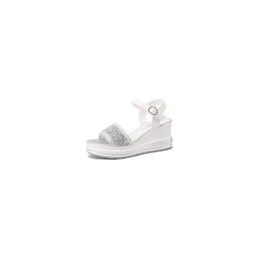 QUEEN HELENA zeppe con strass sandali alti con cinturino casual donna x32-218 (argento, sistema taglie calzature eu, adulto, donna, numero, media, 39)
