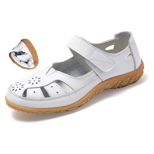 MAOAEAD mocassini ortopedici in pelle traspirante donna retro piatto vera pelle antiscivolo sandalo punta chiusa sandali pescatore, bianco, 40 eu