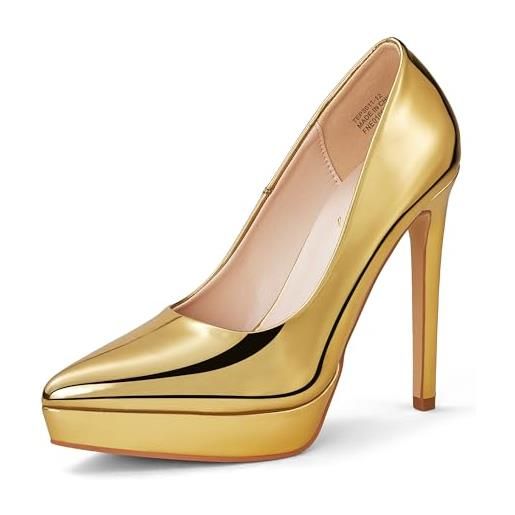 Zhabtuc scarpe da donna con plateau scarpe classiche con tacco a spillo piattaforma tacchi alti scarpe da sposa a punta, vernice dorata, 38.5 eu