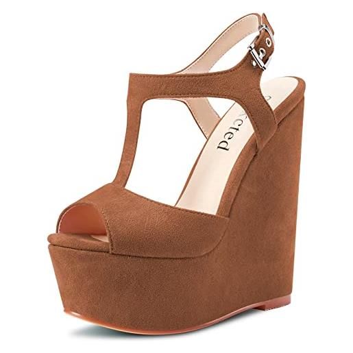 Saekcted donna alto high zeppa piattaforma tacco heel aperte sulla punta sandali t-strap cinturino alla caviglia fibbia feste dress cute scarpe marrone a 35 eu