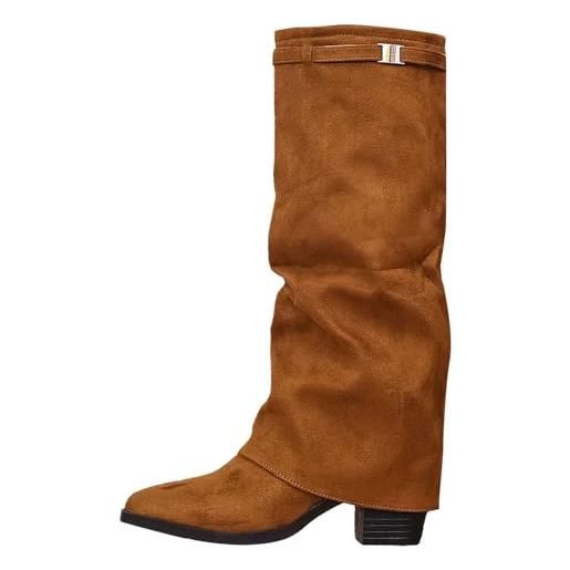 Generic stivali donna invernali autunnali, texani cowboy stivaletti alti, stivali al ginocchio donna, stivaletti con tacco punta, stivaletto wide fit con plateau, fold over boots marroni