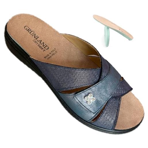 GRÜNLAND il benessere è naturale grunland ciabatte comfort donna quadrifoglio in pelle e zircone decoro e regolabile a strappo plantare estraibile made in italy (blu, sistema taglie calzature eu, adulto, donna, numero, media, 40)