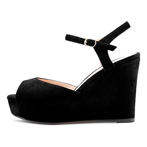 Castamere donna chunky blocco alto high zeppa piattaforma tacco heel aperte sulla punta cinturino alla caviglia sandali slingback fibbia classico 10 cm heels nero scamosciato 40 eu