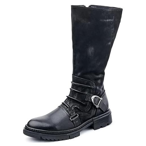 DJFOG stivali alti al ginocchio da uomo, scarpa medievale in pelle stivali da equitazione retrò gotici con fibbia in metallo scarpe da cavaliere guerriero multi taglia, nero, 43 eu