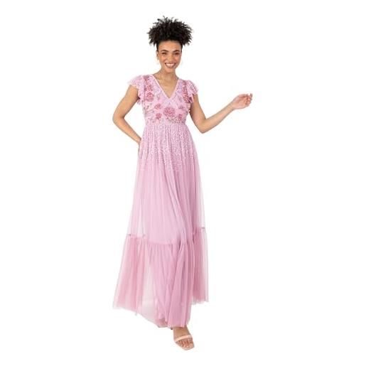 Maya Deluxe women's ladies maxi dress v-neck short flutter sleeves floral sequin embellished tulle a-line wedding guest bridesmaid vestito donna