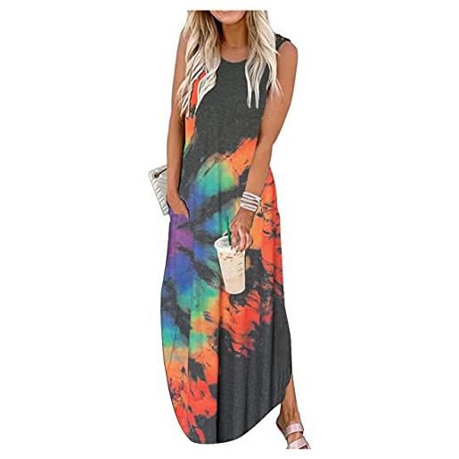 CHUNTIANRAN maxi abito estivo casual da donna, senza maniche, abito lungo hawaiano da spiaggia, maxi abito con tasche