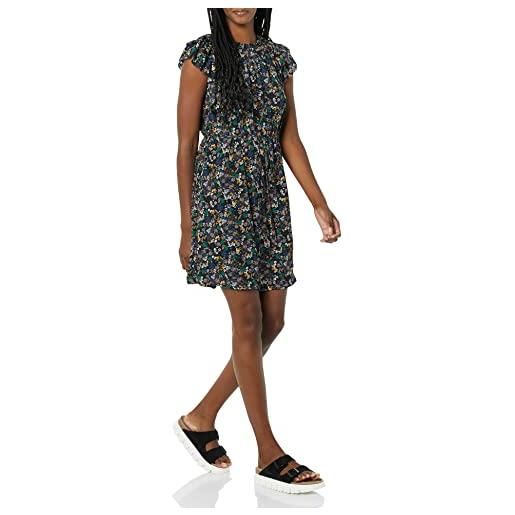 Amazon Essentials abito a trapezio leggero in georgette con collo a spacco e maniche svolazzanti dalla vestibilità comoda donna, nero motivo floreale piccolo, xs