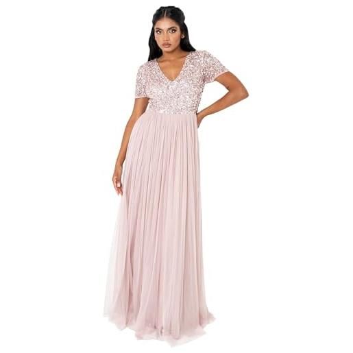 Maya Deluxe womens ladies dress for wedding guest plus size empire high waist sequins short sleeve evening bridesmaid vestito per damigella d'onore, rosa satinato, 46 donna