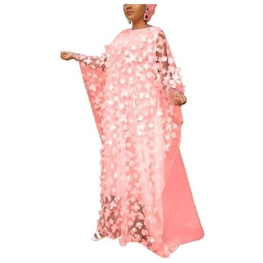 HD afircan donne applique fiore vestito barca collo caftano chiffon abito taglia unica - rosa - taglia unica