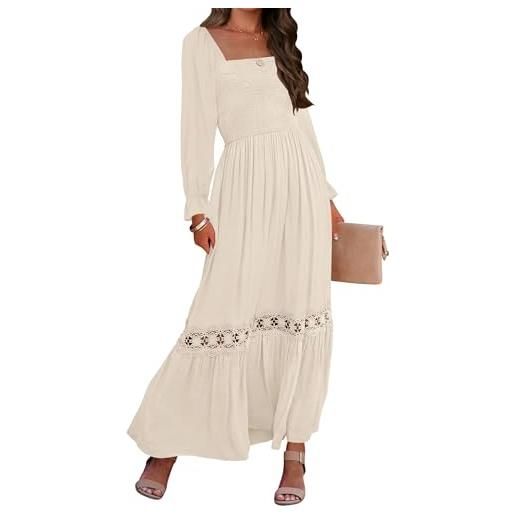 ZESICA maxi abito da donna 2023 boho a maniche lunghe con scollo quadrato a punto smock a vita alta fluida con bordo in pizzo, albicocca, m