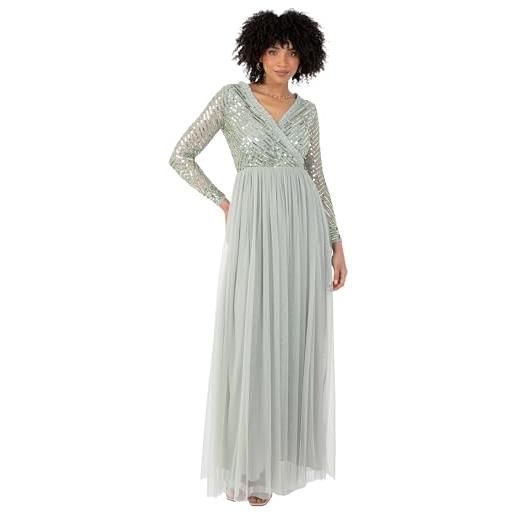 Maya Deluxe women's maxi dress ladies embellished wrap tulle frilly v-neck long sleeve for wedding guest bridesmaid prom ball gown, vestito donna, green lily, 