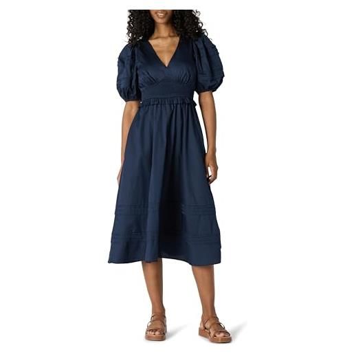 Amazon Essentials abito midi in raso di cotone con busto aderente e gonna svasata, maniche a sbuffo e scollo a v donna, blu marino, xxs