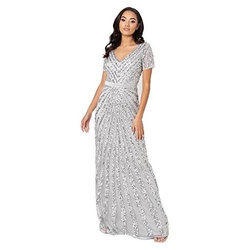 Maya Deluxe maxi womens ladies embellished sequin dress long short sleeve v neck high empire waist a cut shiny prom wedding vestito per damigella d'onore, grigio, 48 donna