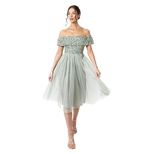 Maya Deluxe abiti da donna bardot midi a vita alta impero paillettes impreziosito da sera formale per gli ospiti di nozze vestito per damigella d'onore, giglio verde, 46