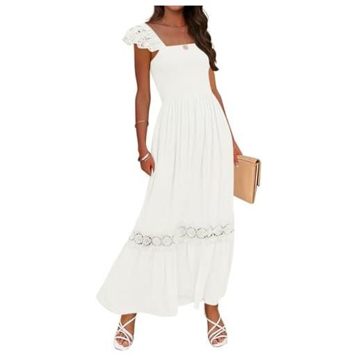 ZESICA hollow out flowy, abito da donna lungo estivo 2023, senza maniche, scollo quadrato, a vita alta, smocked, volant, bianco, s