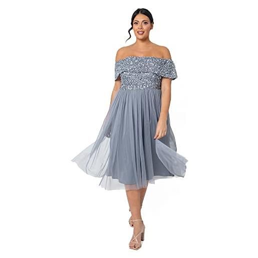 Maya Deluxe abiti da donna bardot midi a vita alta impero paillettes impreziosito da sera formale per gli ospiti di nozze vestito per damigella d'onore, blu polvere, 52