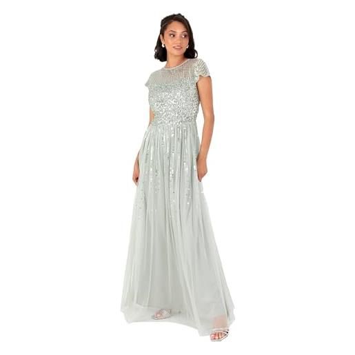 Maya Deluxe women's maxi dress ladies round neck sheer cap sleeve sequin embellished tulle a-line evening occasion prom ball gown, verde salvia 54