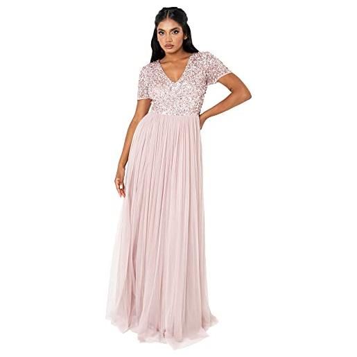 Maya Deluxe womens ladies dress for wedding guest plus size empire high waist sequins short sleeve evening bridesmaid vestito per damigella d'onore, rosa satinato, 42 donna