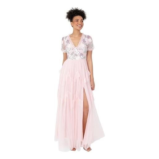 Maya Deluxe maxi dress da donna, maniche corte, tulle, con scollo a v, in pizzo nan, crystal pink, 46