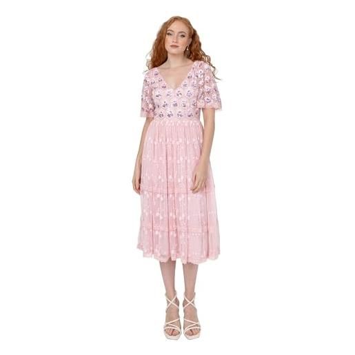 Maya Deluxe women's ladies midi dress short angel sleeves v-neck a-line sequin embellished floral tulle lace wedding guest prom, vestito da donna, ballet pink, 