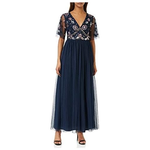Maya Deluxe womens maxi dress ladies embellished spot mesh a-line v-neck dress for wedding guest bridesmaid prom ball occasion vestito donna