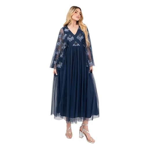 Maya Deluxe women's midaxi dress ladies v-neck long wide angel sleeves sequin embellished empire a-line tulle evening prom ball gown, french navy, 50