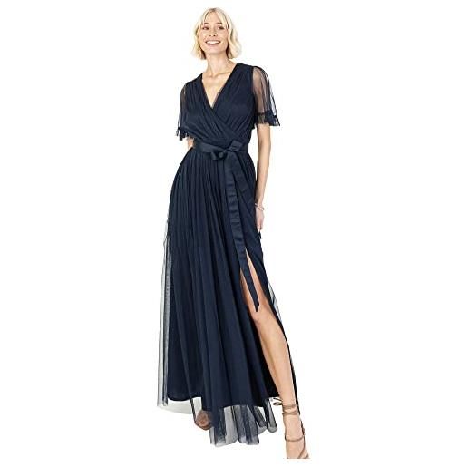 Anaya with Love ladies maxi dress for women v neckline short sleeve frilly long empire waist for wedding guest bridesmaid maid of honour, vestito donna, navy, 