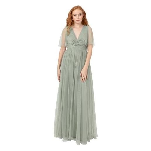 Anaya with Love women's maxi dress ladies short flutter sleeve v-neck twist front empire a-line tulle bridesmaid wedding guest prom vestito, verde gelido, 46 donna