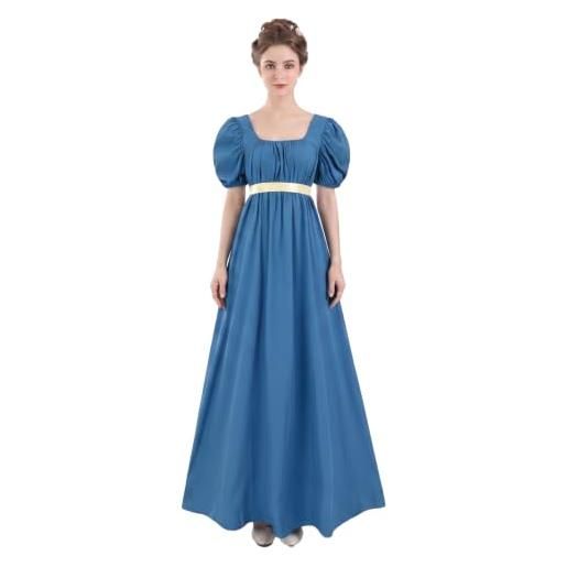 HEQU abito stile regency da donna, con fascia in raso in vita, arricciato e con maniche a sbuffo, stile impero, blu reale, m