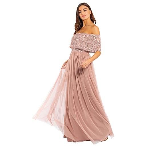 Maya Deluxe ladies bardot dress women maxi embellished hight empire waist sleeveless tulle for wedding guest prom graduation vestito per damigella d'onore, malva, 48 donna