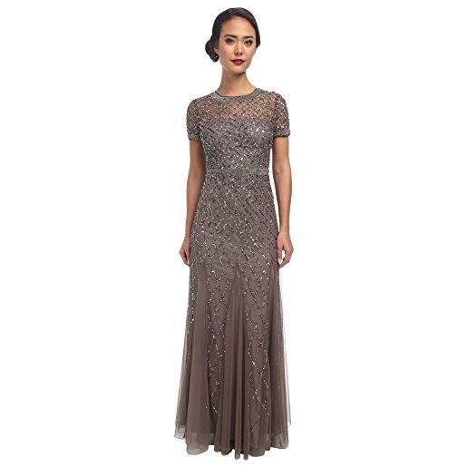Adrianna Papell women's short sleeve beaded mesh gown, lead, 10
