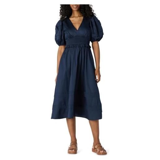 Amazon Essentials donna abito midi in raso di cotone con busto aderente e gonna svasata, maniche a sbuffo e scollo a v
