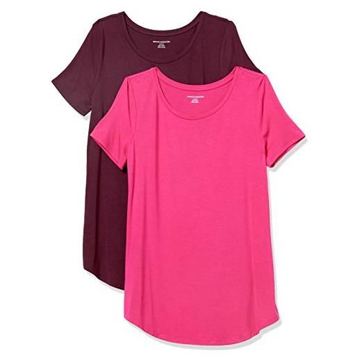 Amazon Essentials tunica con scollo rotondo a maniche corte donna, pacco da 2, rosa brillante/bordeaux, m