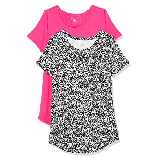 Amazon Essentials tunica con scollo rotondo a maniche corte donna, pacco da 2, nero tulipani/rosa brillante, m