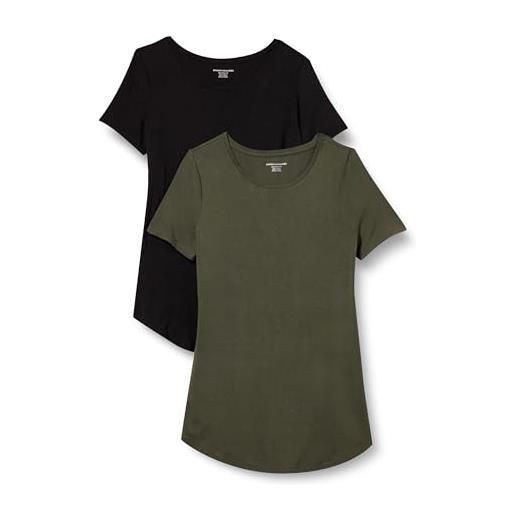 Amazon Essentials tunica con scollo rotondo a maniche corte donna, pacco da 2, nero/verde oliva, s