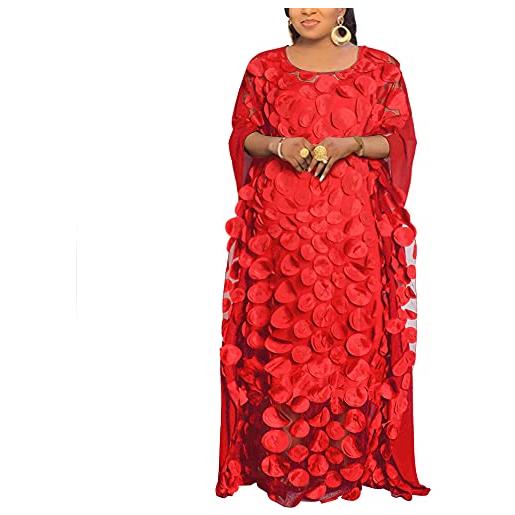 HD, abito da donna stile africano in chiffon, con scollo a barchetta, con decorazioni floreali, taglia unica, rosso, taglia unica