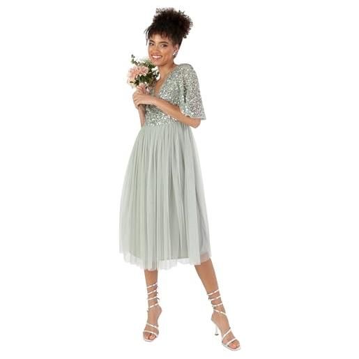 Maya Deluxe abito da donna per matrimonio, ospite, scollo a v, maniche corte con paillettes, abbellimento per ballo di fine anno vestito per damigella d'onore, giglio verde, 44