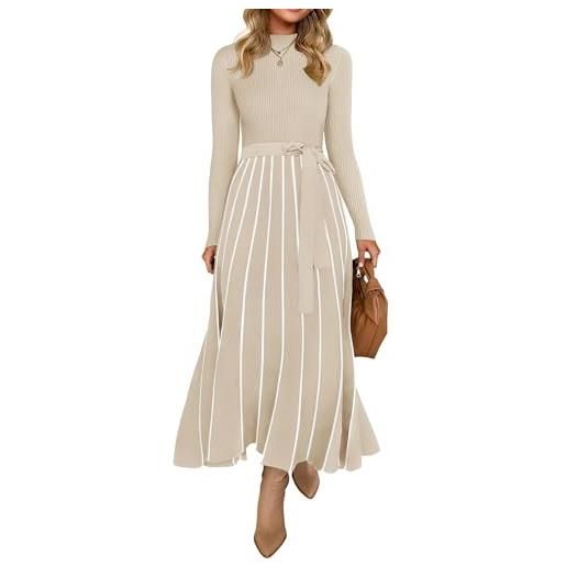 ZESICA abito da donna 2024 a collo alto a maniche lunghe, con laccetto in vita, casual, a costine, vestibilità ampia, linea a trapezio, midi, albicocca, s