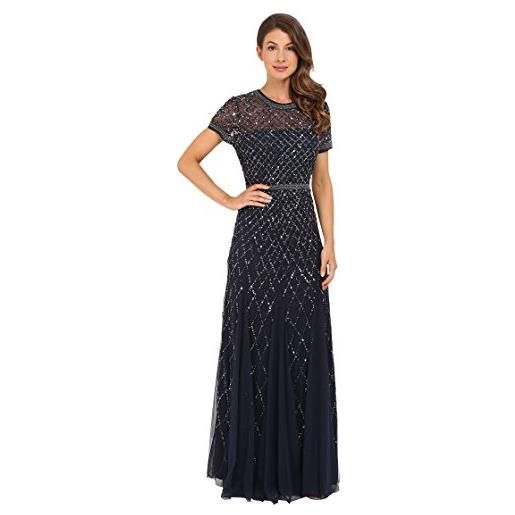 Adrianna Papell short-sleeve grid beaded gown vestito donna