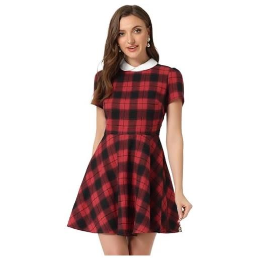 Allegra K costume di halloween da donna con colletto peter pan a sbuffo a maniche corte svasato tartan vestito, rosso, 40