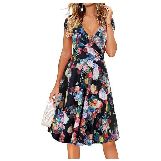 oxiuly abiti casual da donna incrociati con scollo a v floreale svasato midi abito estivo ox233, nero, s
