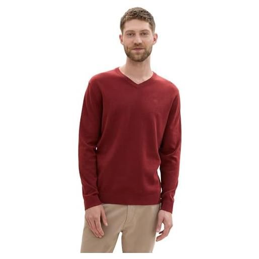 TOM TAILOR maglione basic da uomo con scollo a v in cotone, 35676 - borgogna melange rosso scuro, xl