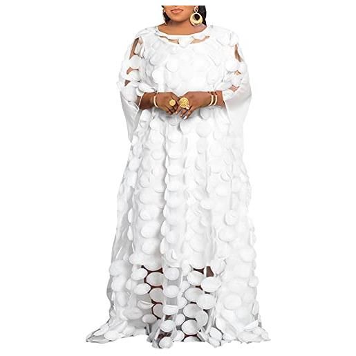 HD abito da donna africano con applicazioni floreali, scollo a barchetta, in chiffon, taglia unica, punto bianco, taglia unica