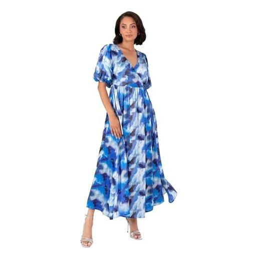 Lovedrobe women's midaxi dress ladies satin short puff sleeve v-neckline wrap a-line floral print evening occasion wedding guest vestito, blu, 50 donna