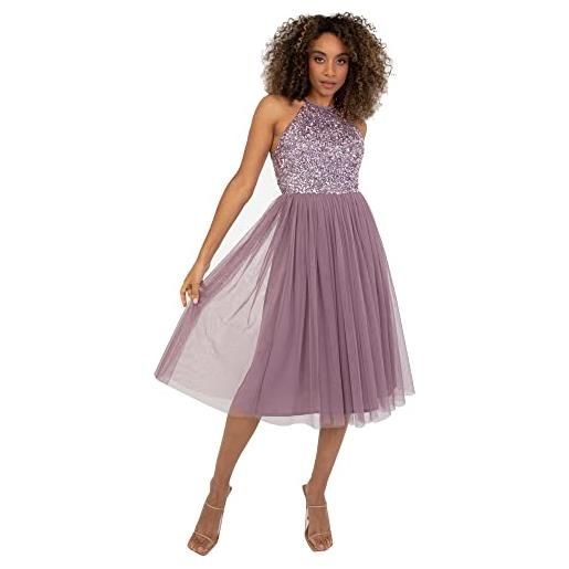 Maya Deluxe womens ladies midi dress with halter neck tulle for evening graduation prom wedding bridesmaids ball gown, vestito per damigella d'onore donna, moody lilac, 14