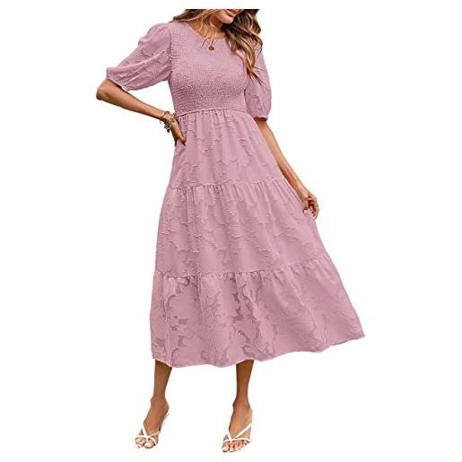 MEROKEETY abito estivo da donna 2024 con maniche a sbuffo e punto smock floreale girocollo in pizzo abiti midi a strati fluidi, viola, xl