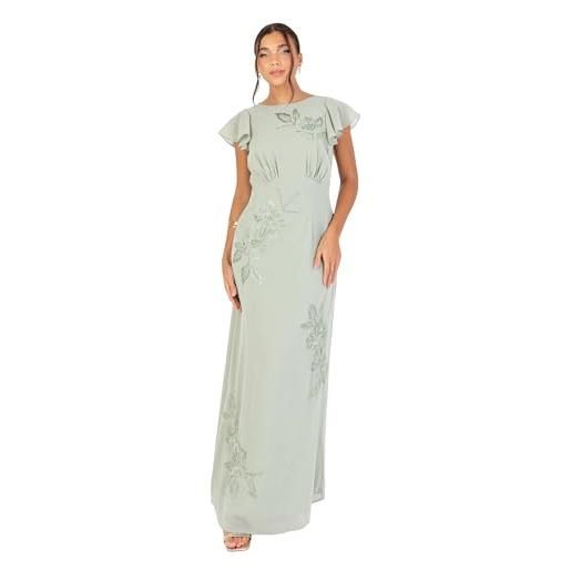 Maya Deluxe women's maxi dress ladies round neck short cap sleeve cowl back floral embroidered bead embellished a-line wedding guest, verde salvia 46
