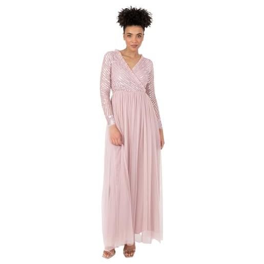 Maya Deluxe women's maxi dress ladies embellished wrap tulle frilly v-neck long sleeve for wedding guest bridesmaid prom ball gown vestito donna (pacco da 1)