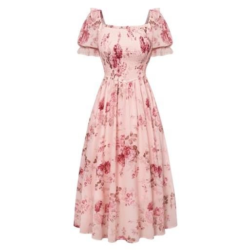 Scarlet darkness - abito da donna in stile cottagecore con maniche a sbuffo e scollo quadrato, maxi abito con punto smock, rosa floreale. , s